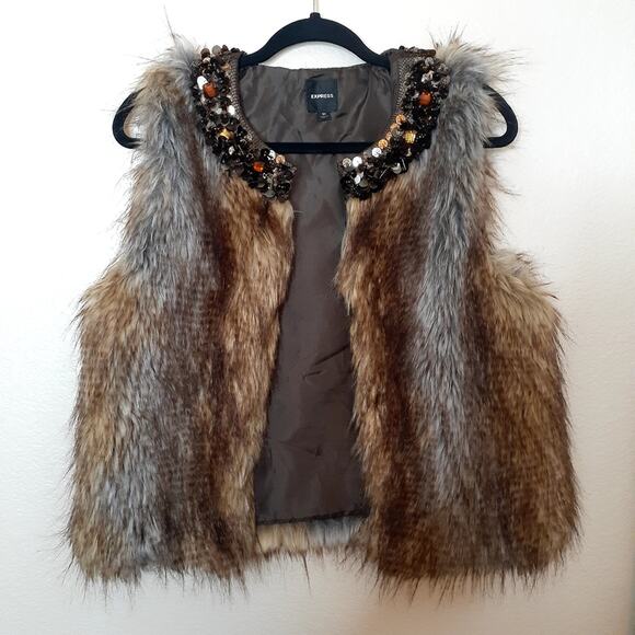 Express Beaded and Sequined Collar Boho Faux Fur Vest - Picture 1 of 8